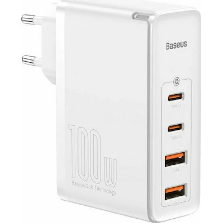 Baseus Φορτιστής Χωρίς Καλώδιο με 2 Θύρες USB-A και 2 Θύρες USB-C 100W Power Delivery / Quick Charge 4+ Λευκός (GaN2 Pro)