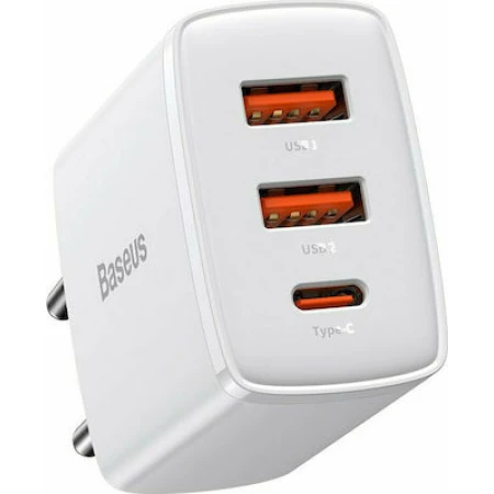 Baseus Φορτιστής Χωρίς Καλώδιο με 2 Θύρες USB-A και Θύρα USB-C 30W Power Delivery Λευκός (Compact 2U+C)