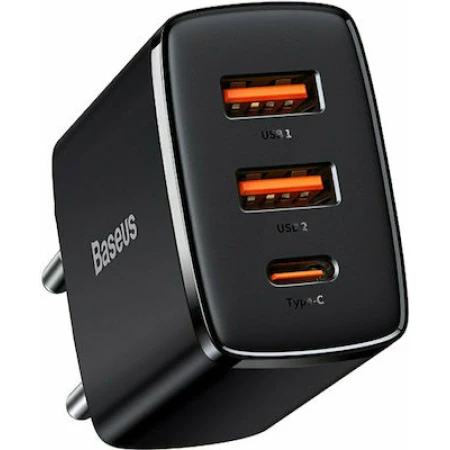Baseus Φορτιστής Χωρίς Καλώδιο με 2 Θύρες USB-A και Θύρα USB-C 30W Power Delivery Μαύρος (Compact 2U+C)