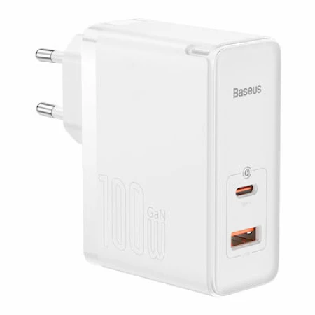 Baseus Φορτιστής Χωρίς Καλώδιο με Θύρα USB-A και Θύρα USB-C 100W Power Delivery / Quick Charge 4.0 Λευκός (GaN5 Pro)