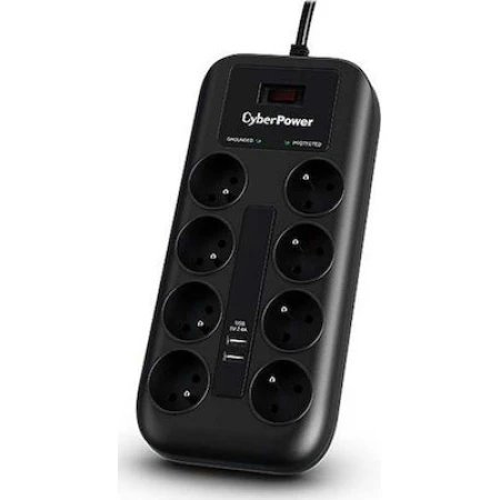 CyberPower Πολύπριζο Ασφαλείας 8 Θέσεων με Διακόπτη, 2 USB και Καλώδιο 1.8m Μαύρο